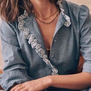 Sezane Blue Blouse with Lace Detail